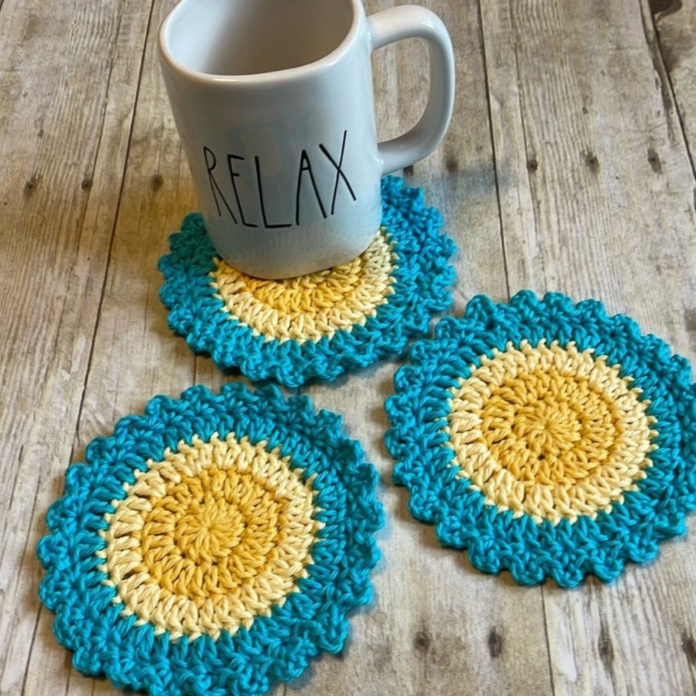 Crochet Set of Three Coasters/Small Doilies Turquoise 5 1/2 Inches